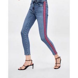 NWOT Zara High Waist Jeans with red,blue and metallic